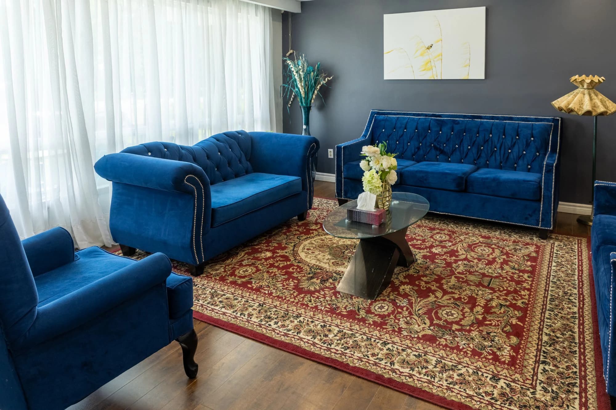 Inside the farmhouse: the living room, with a guest bedroom