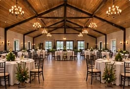 Warm wood event hall set for a celebration