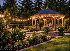 Garden gazebo surrounded by flowers and evening lights