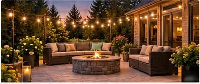 Outdoor lounge around a fire pit under string lights